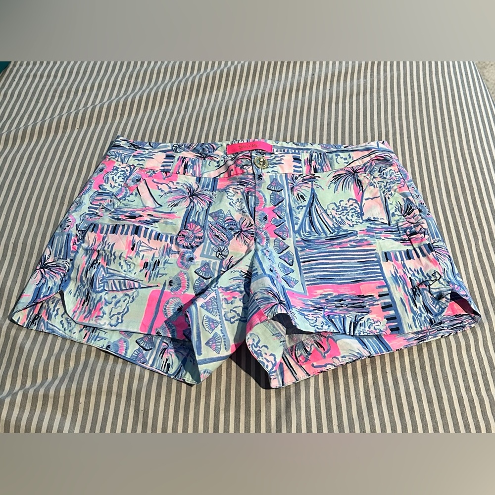 NWT Lilly Pulitzer Addie Stretch Ruffle Shorts Whisper Blue Yeah Buoy Women 0